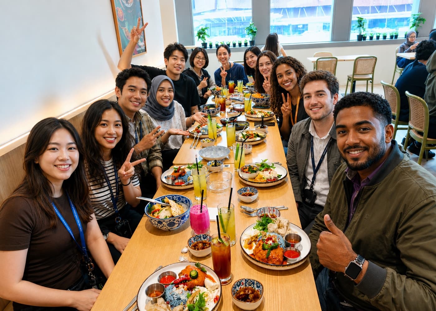 Friends sharing a spread of Bowlcrafted dishes