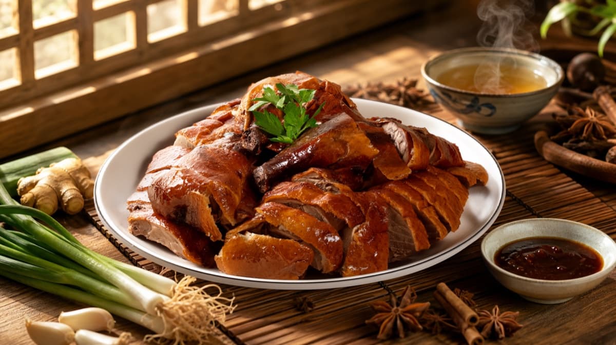 Sliced roasted duck platter with soup and dipping sauce