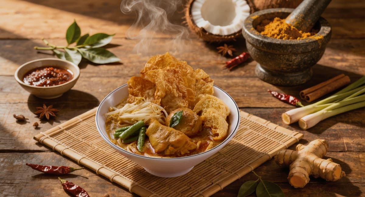 Curry laksa noodle bowl with tofu puffs and beansprouts