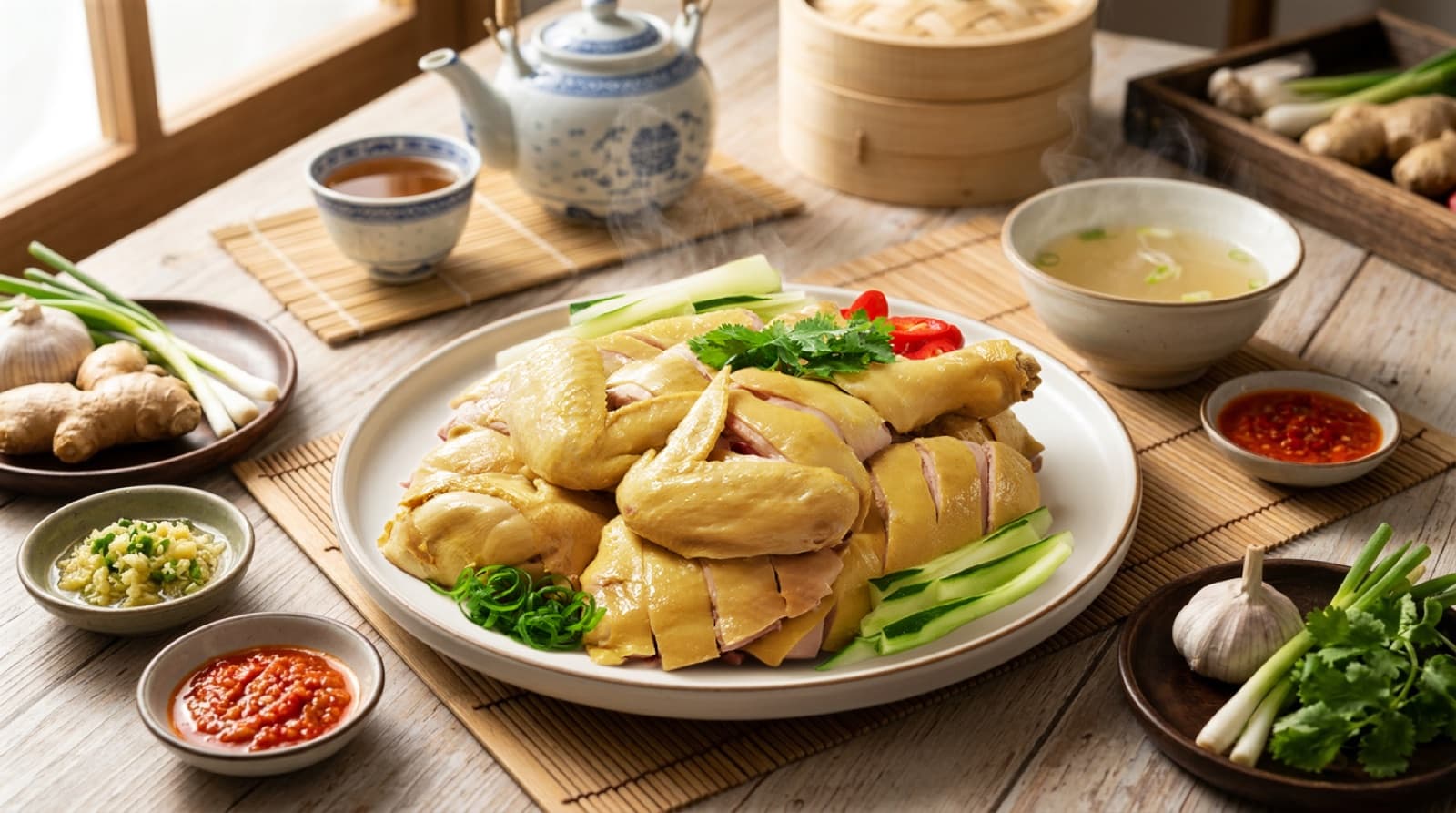 MCR steamed chicken platter with condiments